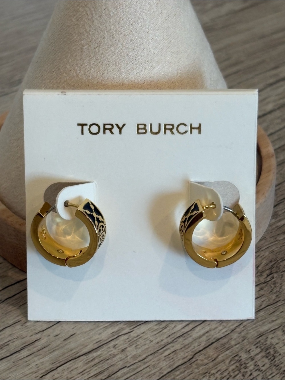 Tory Burch Gold and Black Enamel  Logo Hoop Earrings
